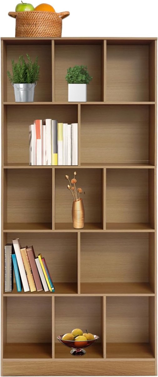 Boekenkast, 5 etages, staand, smal staand rek, 80 x 24 x 180 cm, met 13 vakken, robuust rek van dichtheidsplaat voor woonkamer, kantoor of kinderkamer, als boekenkast of archiefkast (eikenkleur)