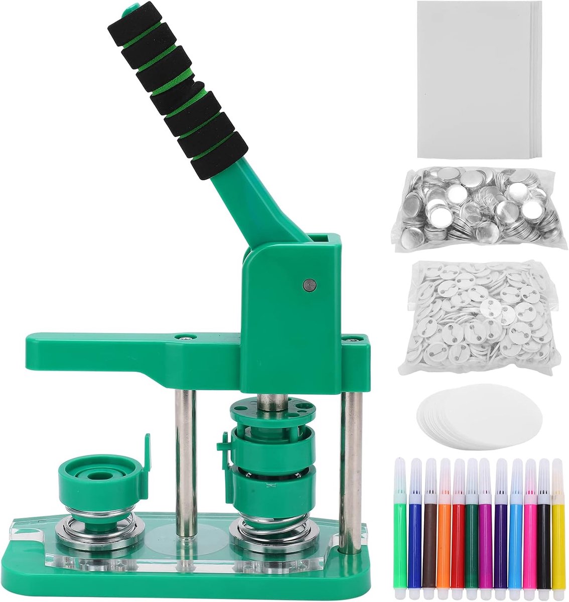 32 mm badge, stansset, doe-het-zelf geschenken, pinmaker, accessoires voor het maken van knopen met 500 stuks knooponderdelen en 12 kleurpotloden