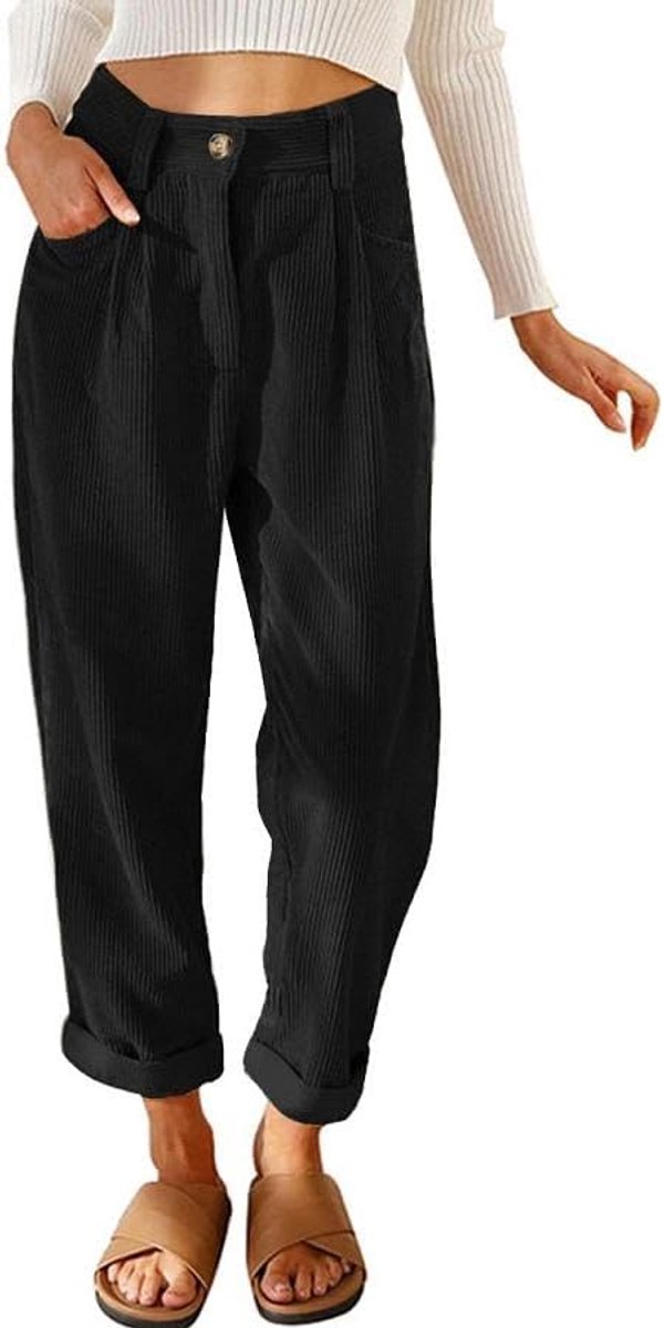 damesbroek van geribbeld fluweel, damesbroek met elastische tailleband, brede broek, lichte rechte winterbroek