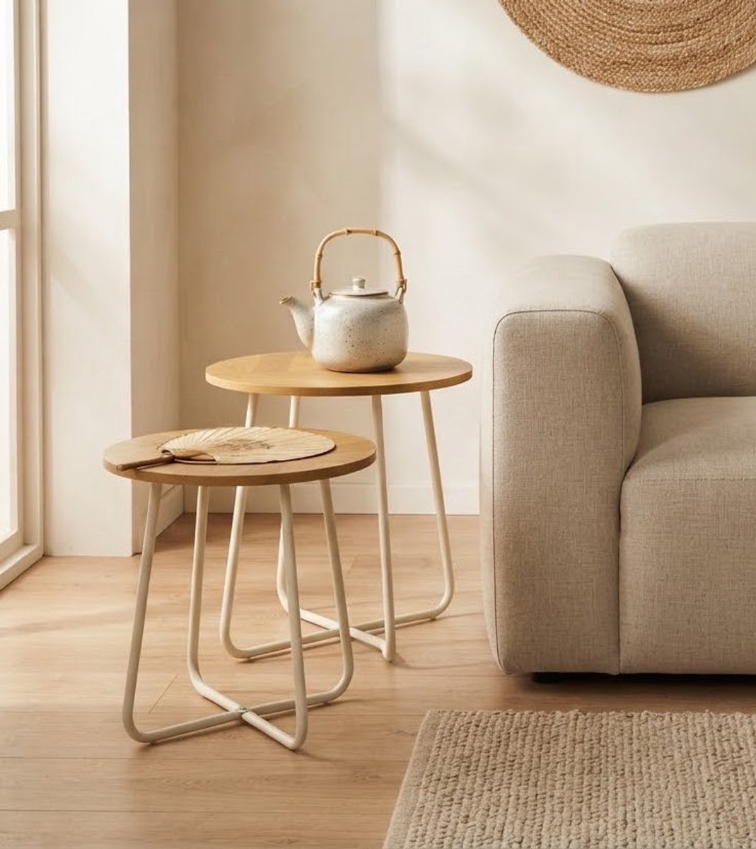 Fume Concept Bijzettafel Set van 2 – Ronde Japandi Salontafel met Witte Poten – Inlegtafel / Nachtkastje Natural