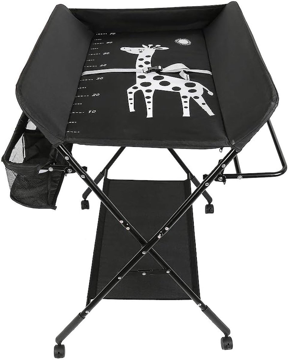 Opvouwbaar, draagbaar, met opbergmand, luiertafel met 4 wielen en veiligheidsgordel, in hoogte verstelbaar, 80 x 66 x 98 cm (zwart)