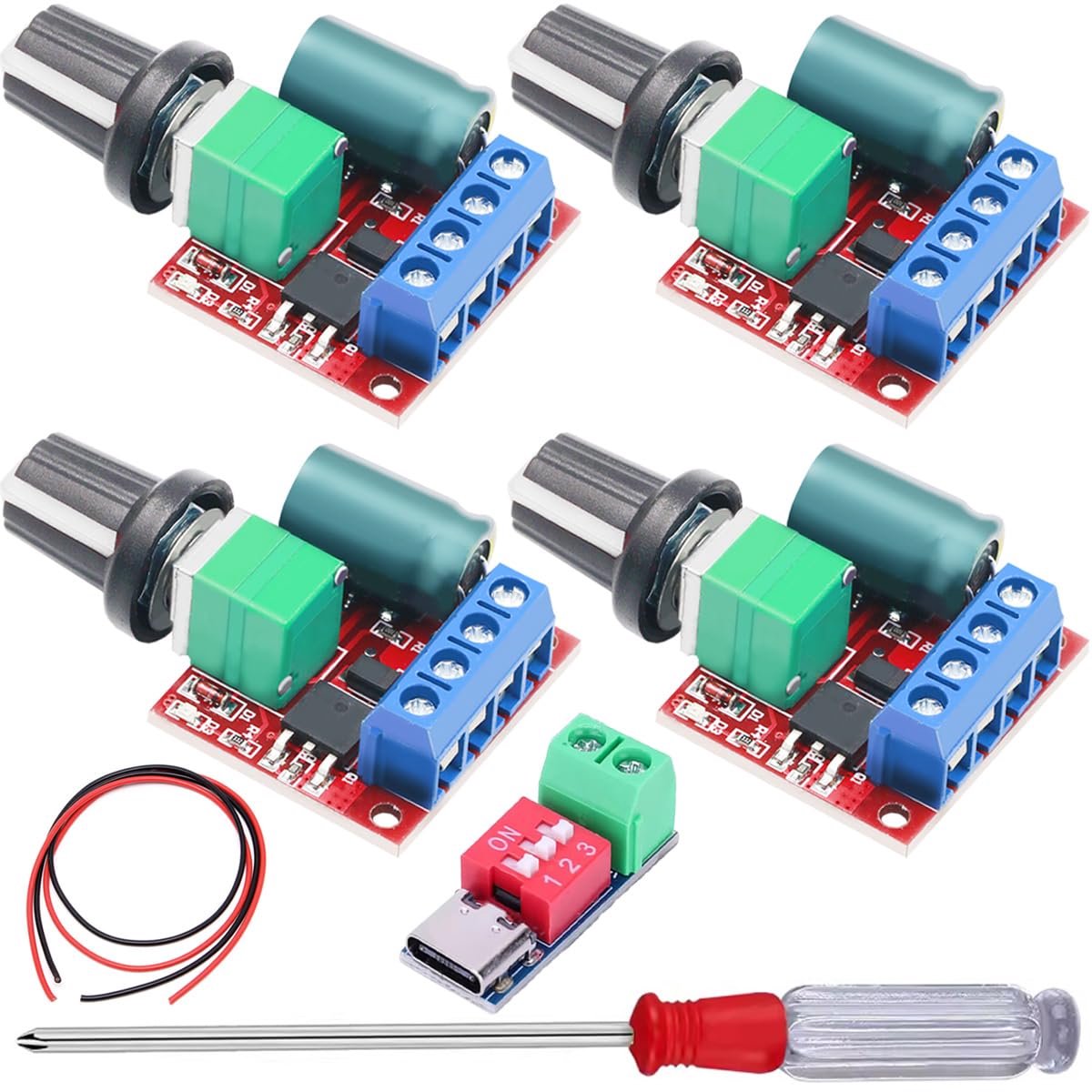 4 stuks PWM-motortoerentalregelaar, DC 5 V, 6 V, 12 V, 24 V, 35 V, 5 A, instelbaar, omkeerbare, variabele spanningsregelaardimmer met knopschakelaar, schroevendraaier, voor doe-het-zelvers