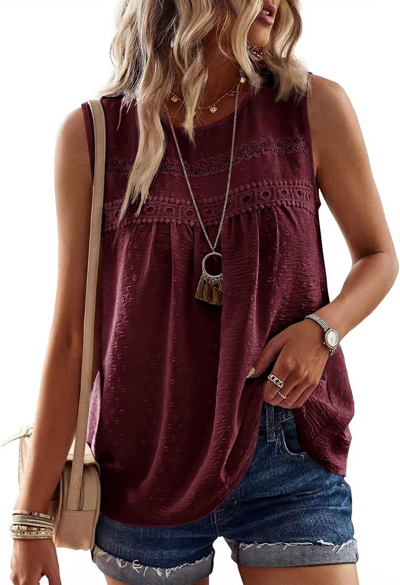 Mouwloze Top met Ronde Hals Boho Stijl Elegante Zomer Tank Top Kant Casual Geplooide Luchtige Losse Tuniek Tops