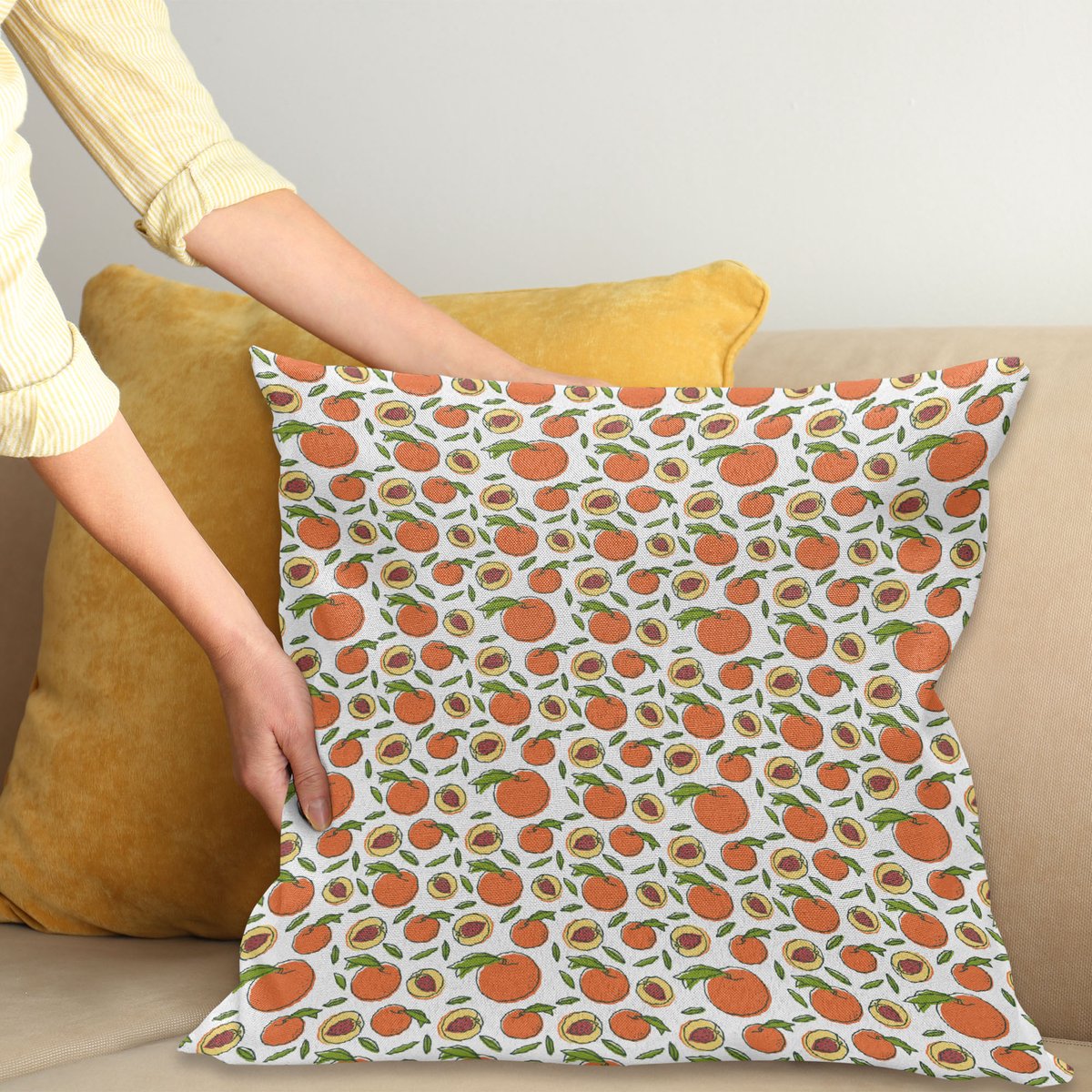 ABAKUHAUS Perzik Kleuren Kussenhoes, Frucht met Samen Kunst, Wasbare Kussenhoes met Ritssluiting, Kleurechte Heldere Kleuren en Dubbelzijdige Print, 40 x 40 cm, Wit Gebrand Sienna