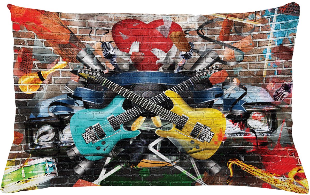 ABAKUHAUS Graffiti Kussenhoes, Collage Instrument Joyful, Van Kleurechte Wasbare Stof, Dubbelzijdige Print met Stevige Ritssluiting, 65 x 40 cm, Meerkleurig