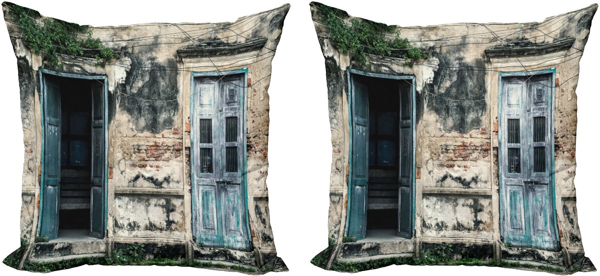 ABAKUHAUS Rustikal Sierkussenhoes Set van 2, Türen van Oud Rots House, Modern Accent Dubbelzijdige Digitale Print, 45x45, Grijs en Teal