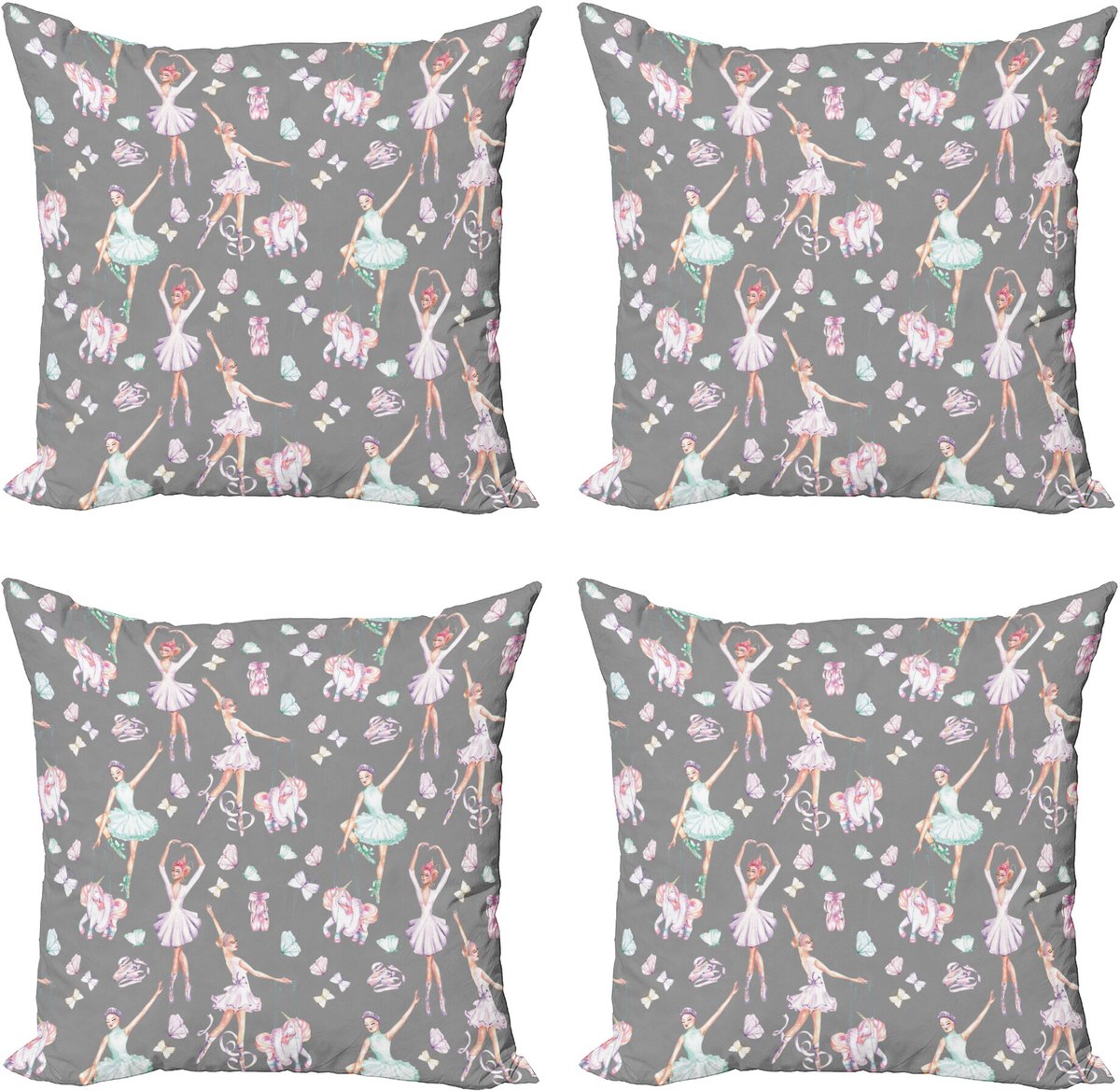 ABAKUHAUS Retro Sierkussen Kussenhoes 4er Set, Tänzer en Unicorns, Modern Accent Dubbelzijdige Digitale Print, 40 x 40 cm, Meerkleurig