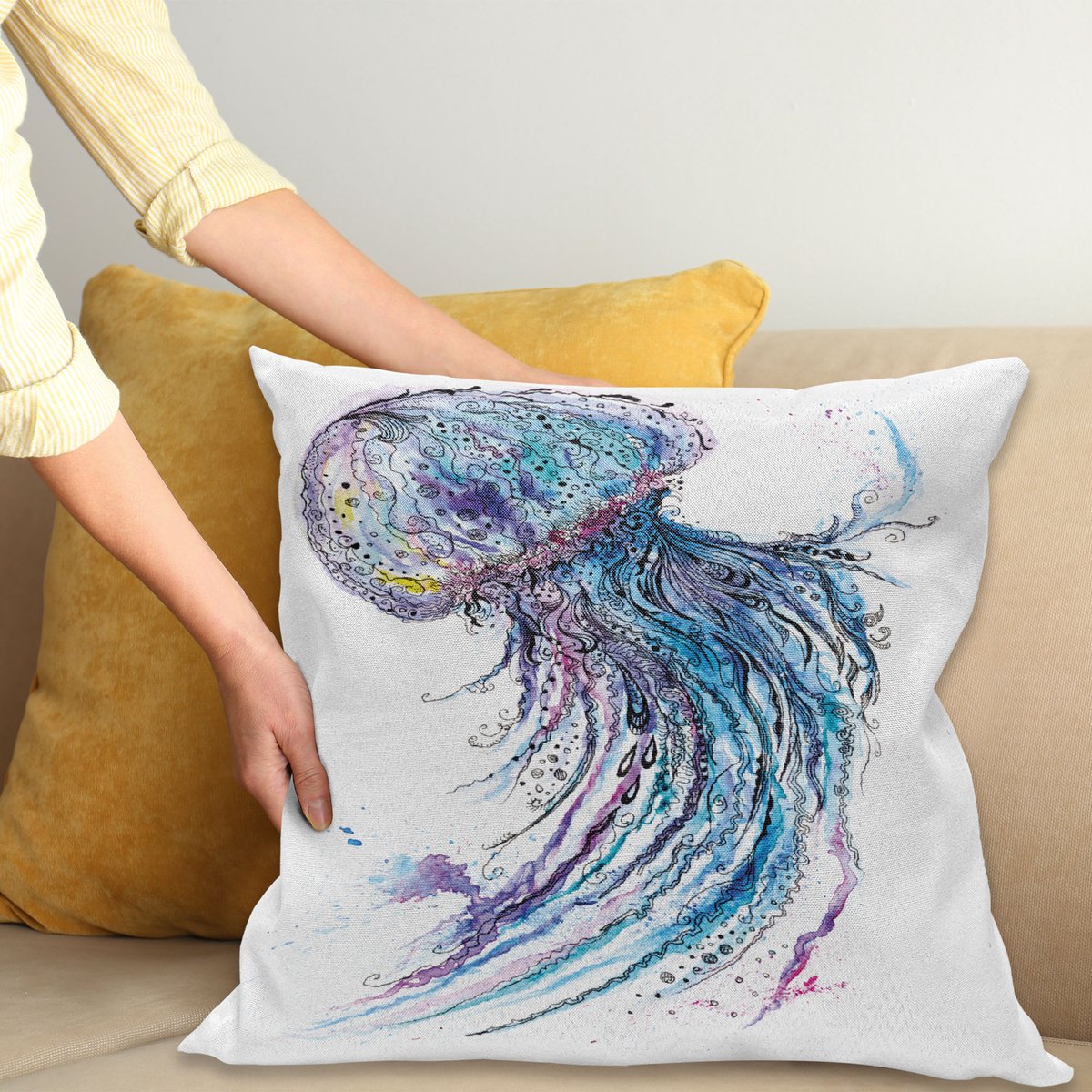 ABAKUHAUS Qualle Kussenhoes, Aqua Kleuren Kreative, Met Ritssluiting, Wasbaar, Dubbelzijdige Digitale Print, Heldere Kleuren, Hoogwaardige Stof, 45 x 45 cm, Wit Blauw Lila