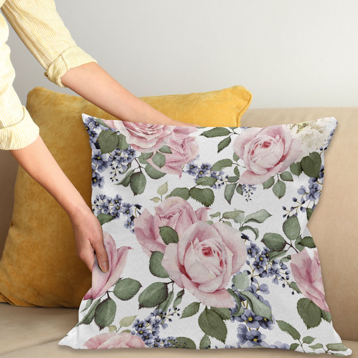 ABAKUHAUS Roos Kussenhoes, Blühendes Roze Flora, Kussenhoes zonder Binnenkussen, met Ritssluiting, Dubbelzijdige Print, Wasbaar, 45 x 45 cm, Lichtroze Groen Blauwgrijs