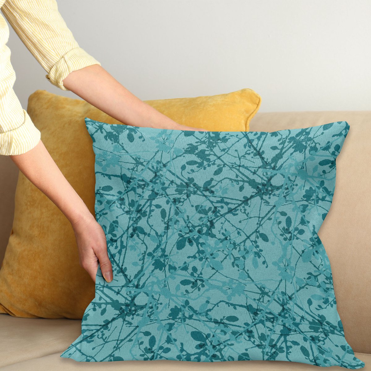 ABAKUHAUS Teal Kussenhoes, Ink-Zeichnungs-Kunst-Boom, Wasbare Kussenhoes met Ritssluiting, Kleurechte Heldere Kleuren en Dubbelzijdige Print, 40 x 40 cm, Teal Turquoise