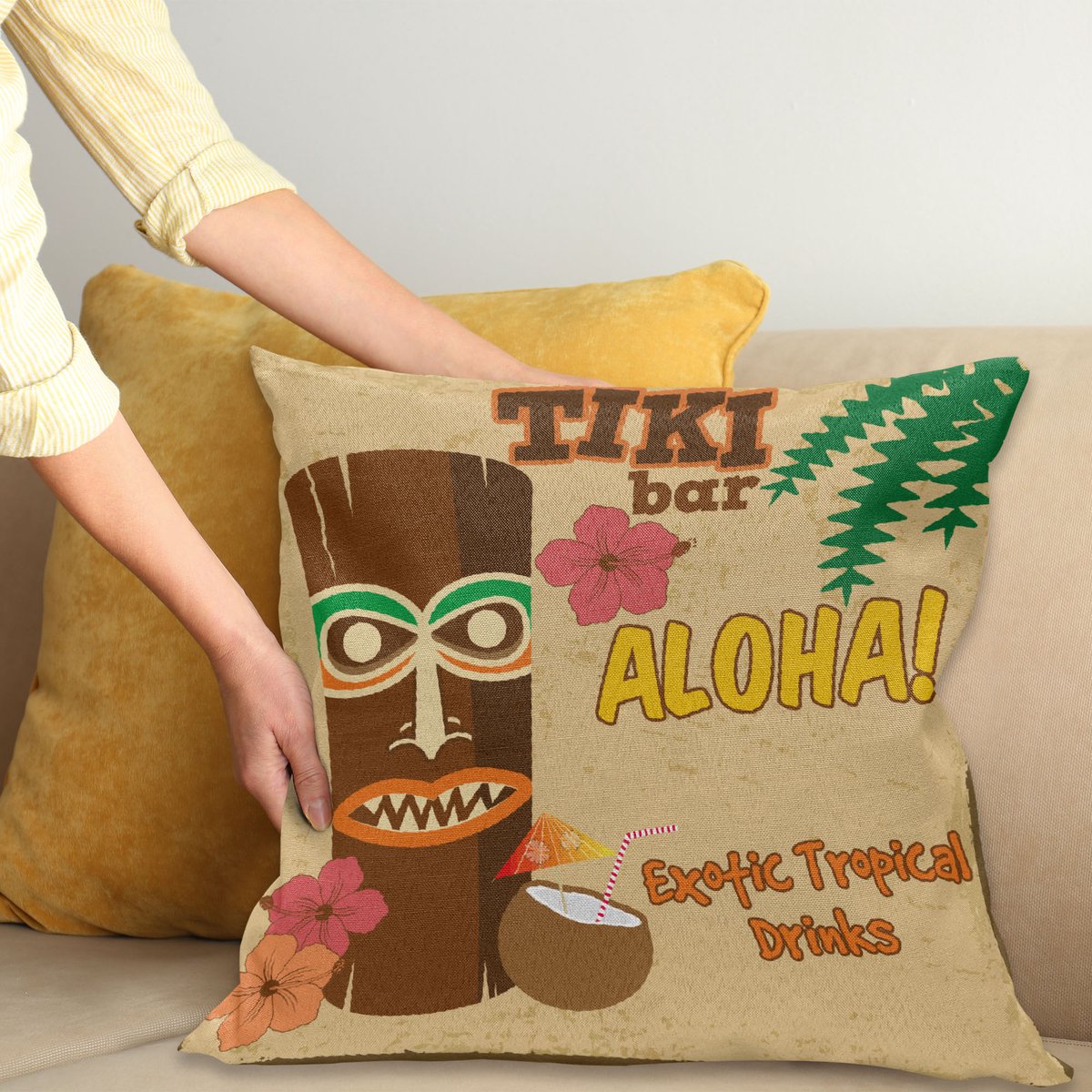 ABAKUHAUS Tiki Bar Kussenhoes, alt Drink, Decoratieve Kussenhoes met Dubbelzijdige Print, Ritssluiting, Wasbaar, 45 x 45 cm, Meerkleurig