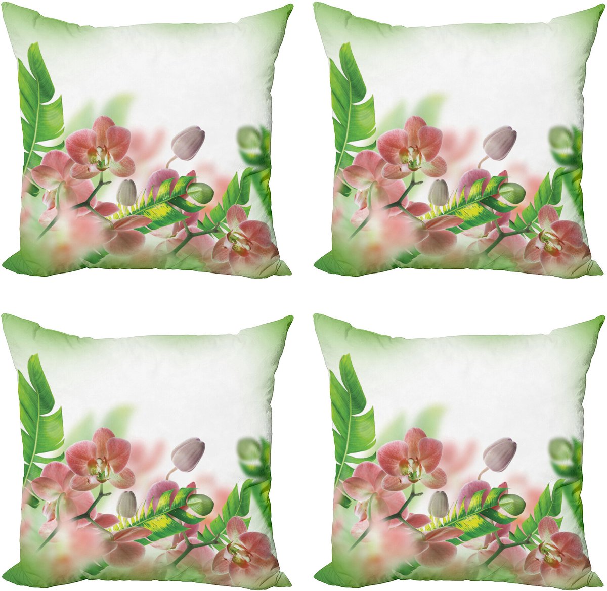 ABAKUHAUS Lente Sierkussen Kussenhoes 4er Set, Orchideen-Bloesems-Bladeren, Modern Accent Dubbelzijdige Digitale Print, 50 x 50 cm, Perzik Groen