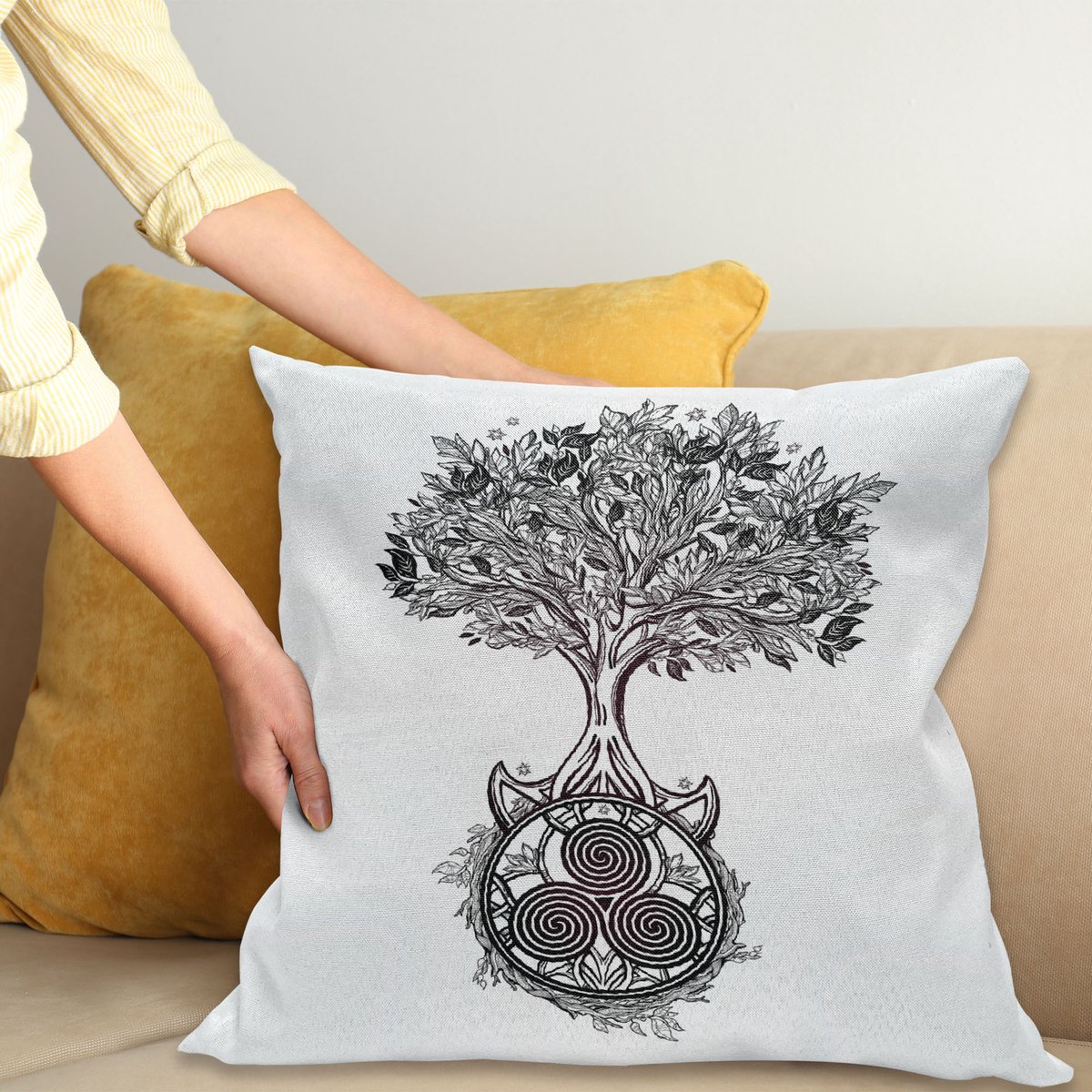 ABAKUHAUS keltisch Kussenhoes, Boom des Lebens Triskelion, Decoratieve Kussenhoes met Dubbelzijdige Print, Ritssluiting, Wasbaar, 40 x 40 cm, Wit en Zwart