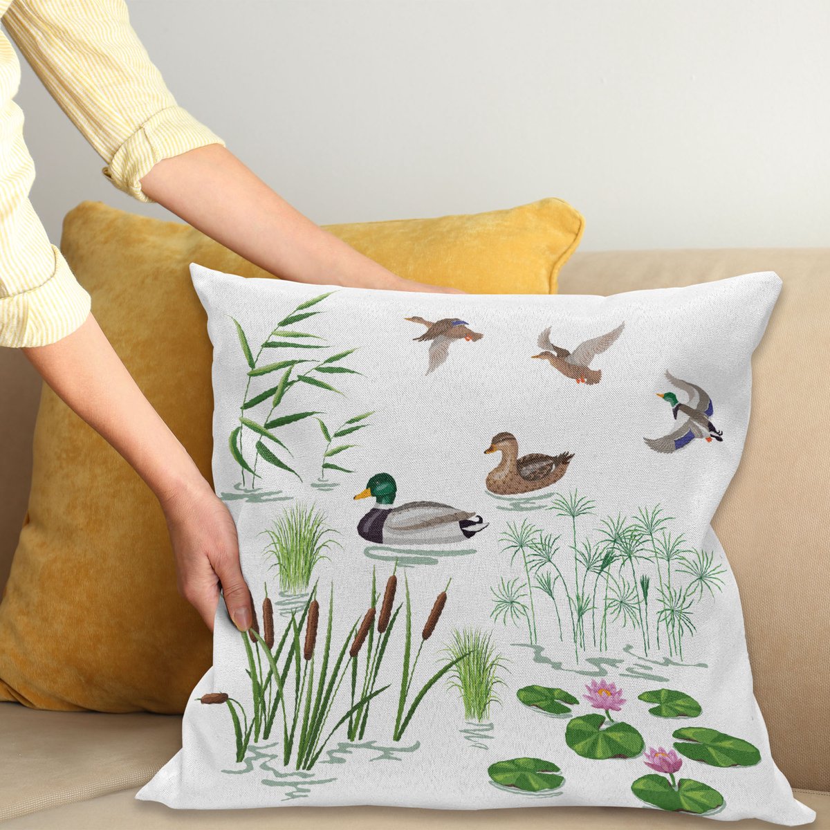 ABAKUHAUS Ente Kussenhoes, See Dieren Pflanzen, Wasbare Kussenhoes met Ritssluiting, Kleurechte Heldere Kleuren en Dubbelzijdige Print, 45 x 45 cm, Wit Groen