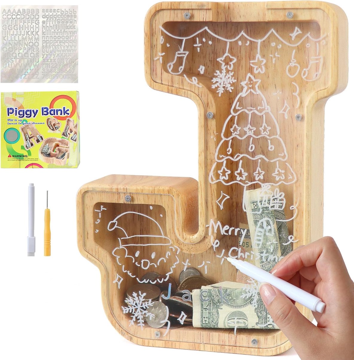 Spaarpot voor kinderen voor jongens en meisjes, doorzichtig met letters A-Z, doelgebied & stickers en markers - doop & geschenkdecoratie (J)