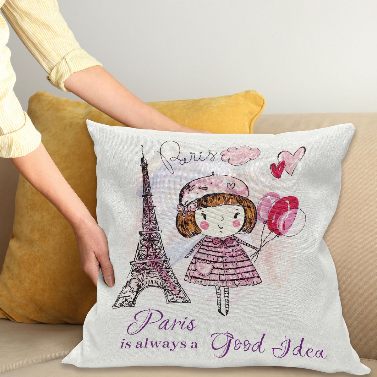 ABAKUHAUS Paris Kussenhoes, Herzen op Eiffeltoren, Wasbare Kussenhoes met Ritssluiting, Kleurechte Heldere Kleuren en Dubbelzijdige Print, 50 x 50 cm, Wit Lila Roze