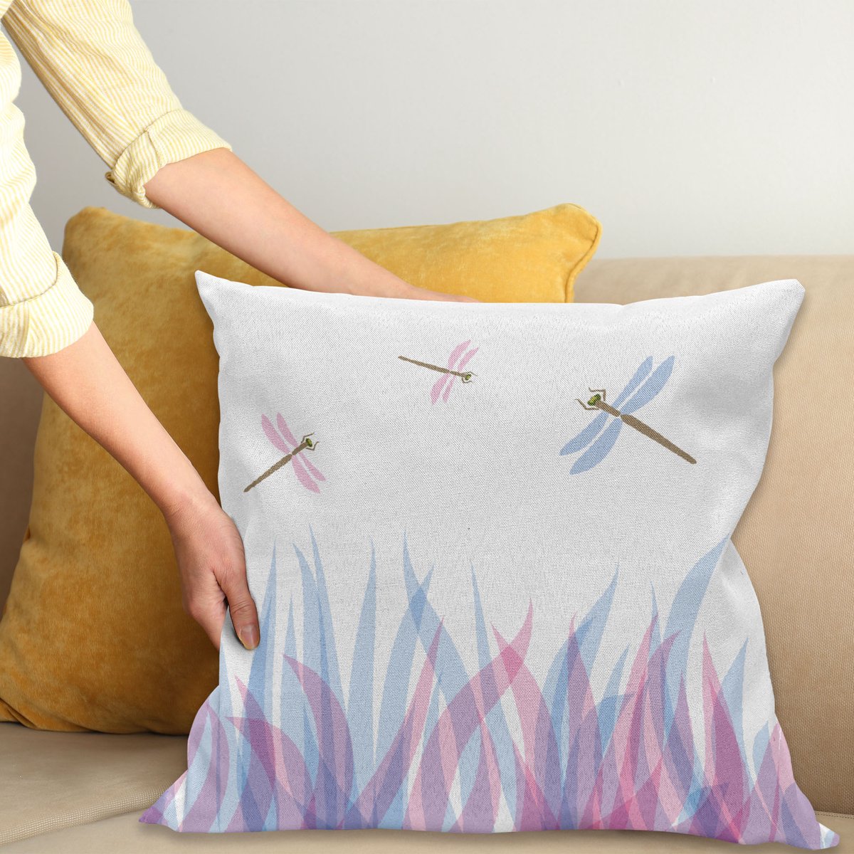 ABAKUHAUS Abstract Kussenhoes, Dragoflies op Flamme, voor de Binnen of Buiten Gebruik Geschikt met Ritssluiting Wasbare Stof, 40 x 40 cm, Violet Roze en Blauw