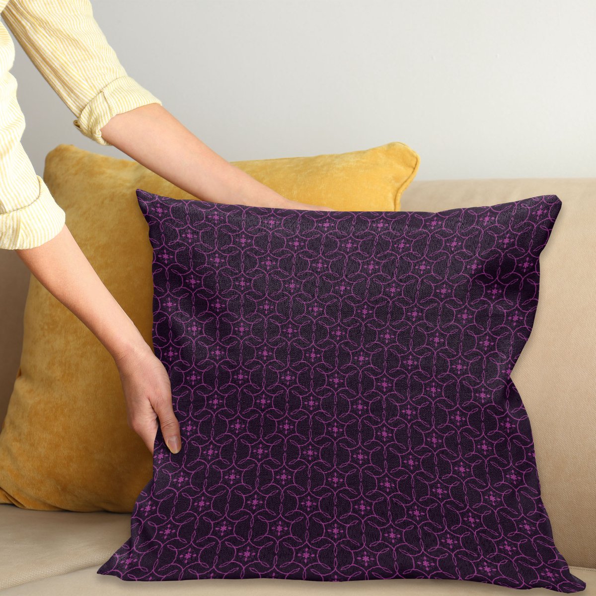 ABAKUHAUS Aubergine Kussenhoes, Swirl Blad-Details, voor de Binnen of Buiten Gebruik Geschikt met Ritssluiting Wasbare Stof, 60 x 60 cm, Aubergine Lila