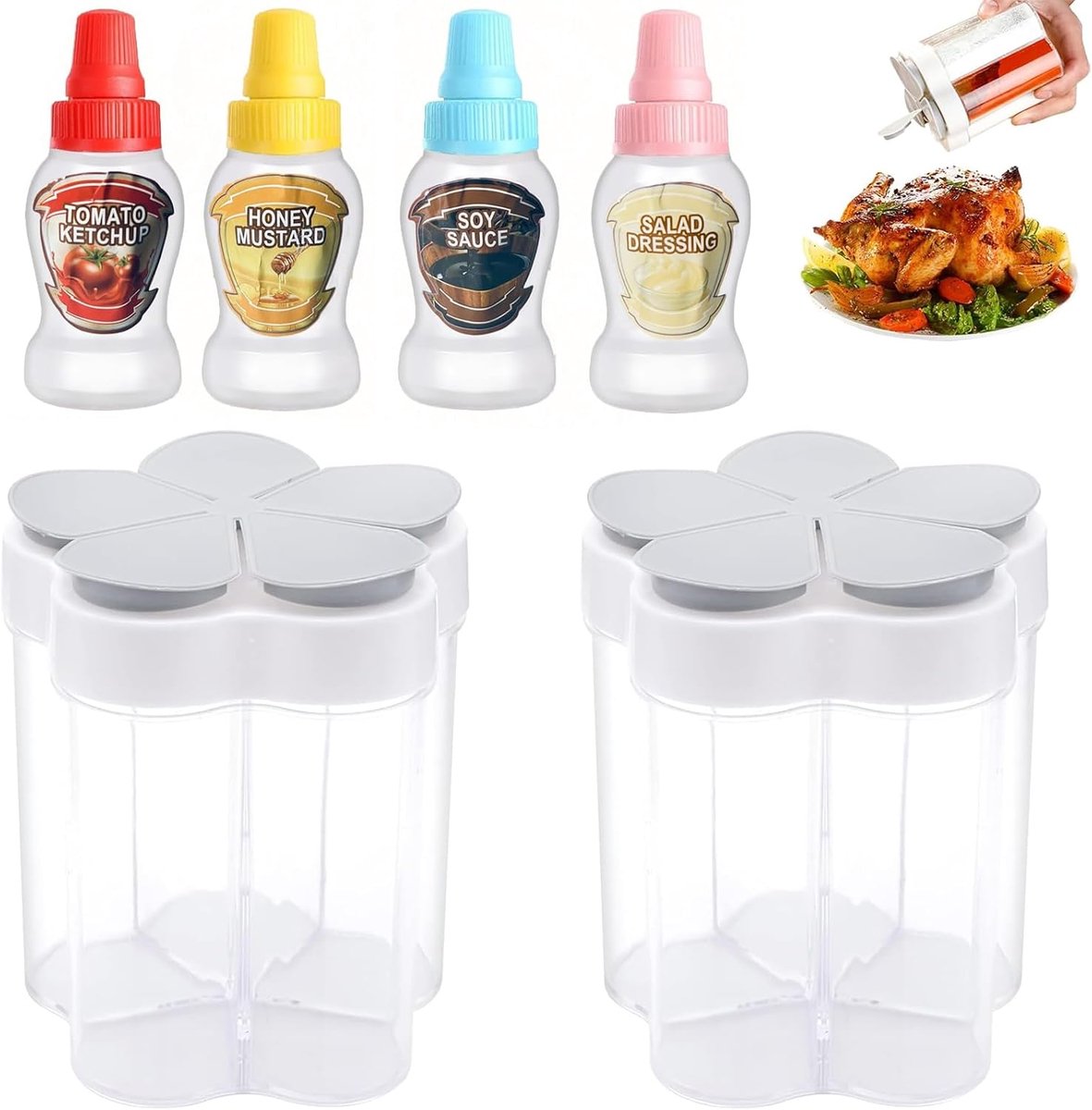 Specerijen Organizer Set 2 Stuks – 5-in-1 Kruidencontainer met 4 Kleine Doseerflesjes – Compact 9x9x11cm – Transparant – Ideaal voor Outdoor Reizen, Picknick en Kamperen