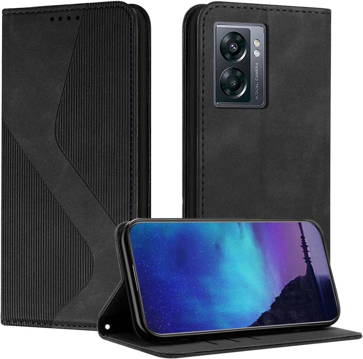 Case voor OnePlus Nord N300 met Verstelbare Staande Functie Magnetische Lock Flip Lederen Drop Protection Fashion telefoonhoesje - Zwart