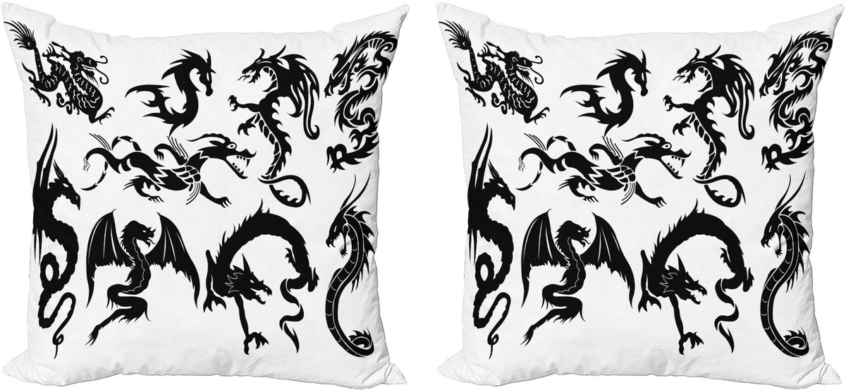 ABAKUHAUS Drachen Sierkussenhoes Set van 2, Oosters Monochroom, Modern Accent Dubbelzijdige Digitale Print, 40x40, Wit Zwart