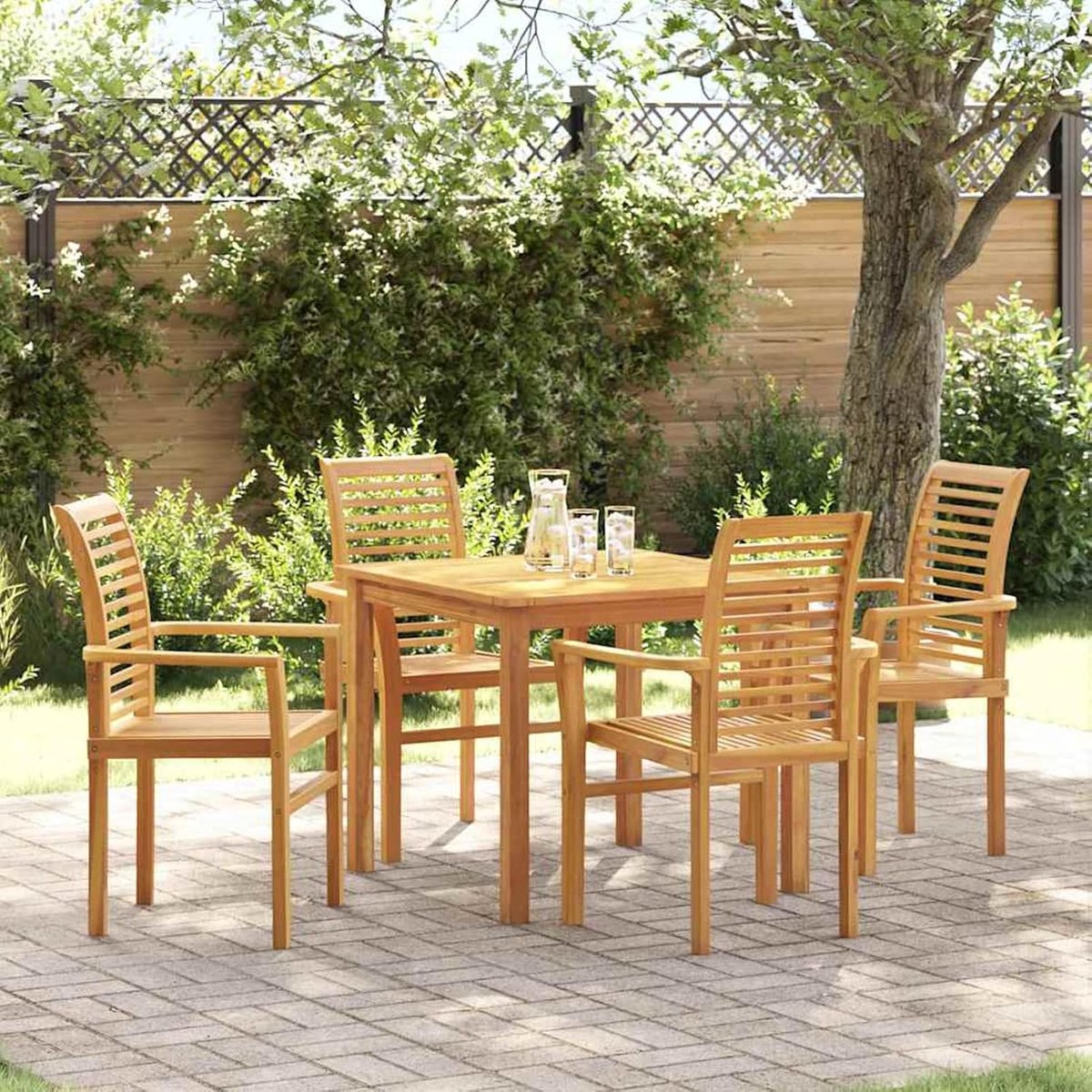 Stapelbare tuinstoel, 4 stuks, massief hout, teak, tuinstoelen, tuinmeubelen, set, tuinstoel voor tuinen, binnenplaatsen, balkons, restaurants, 42007596