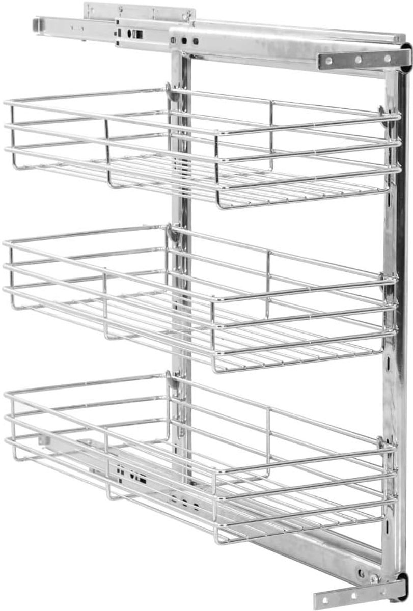3-traps uittrekbare keukendraadmand, multifunctionele mand, opbergmand voor de keuken, telescopische lade, keukenlade, zilverkleurig, 27 x 51 x 60 cm