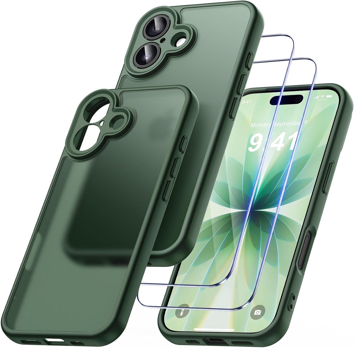 Matte telefoonhoes, compatibel met iP 17, met 2 schermbeschermers van gehard glas, vergeelt niet, schokbestendig, harde PC krasbestendige hoes, donkergroen