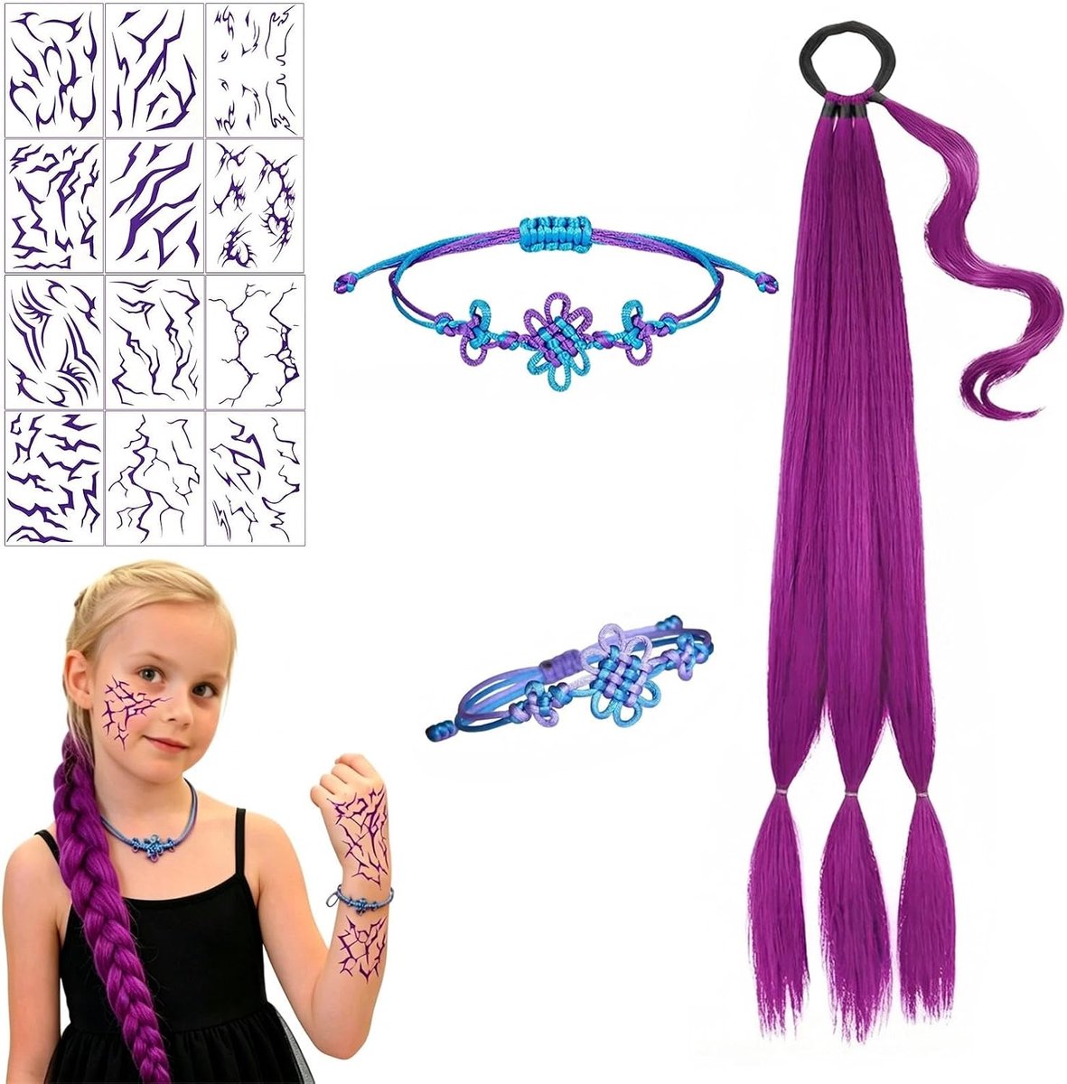 15-delige cosplay-set | 12 tijdelijke tatoeages + vriendschapsarmband + ketting + paarse vooraf gerekte vlechtverlengingen, geschikt voor maskerades