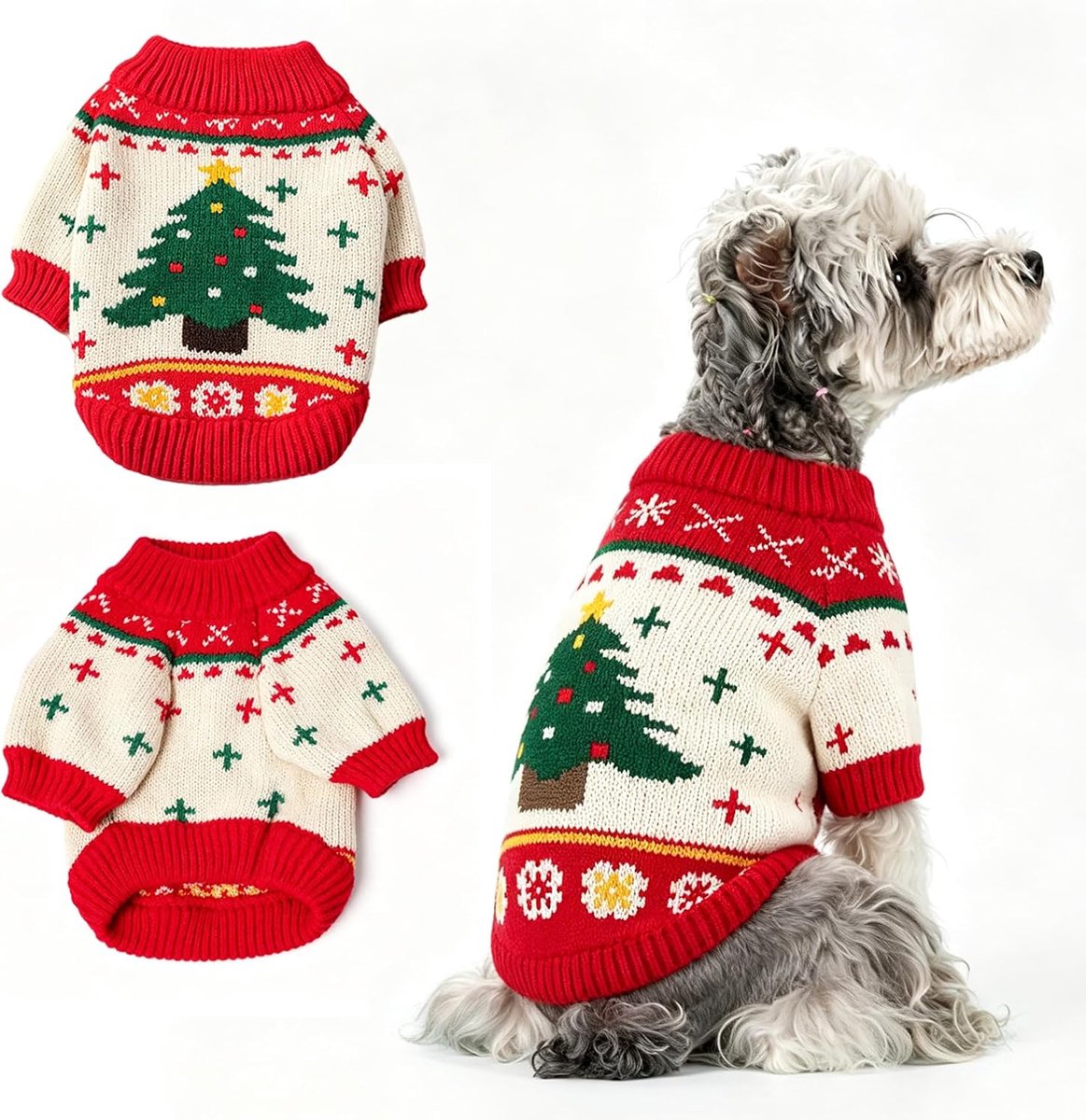 Kersttrui voor honden, gebreide boomtrui voor kleine honden