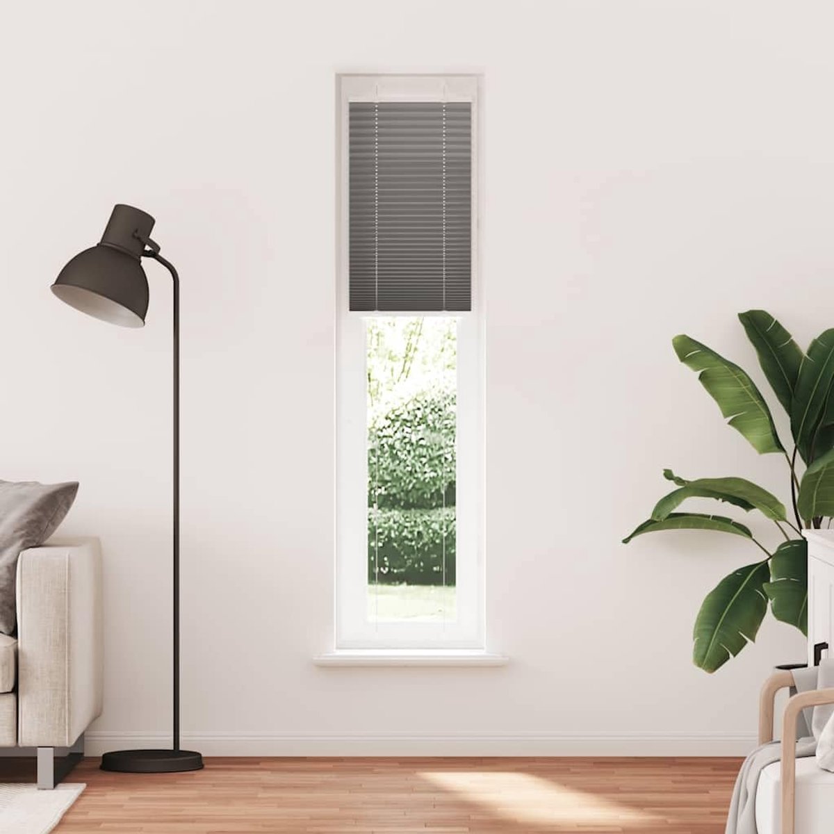 Antraciet 40x200 cm stofbreedte 39,4 cm van 100% polyester met inkijk- en zonwering, twee montagemogelijkheden met schroeven of klemdragers, onderhoudsvriendelijk en elegant