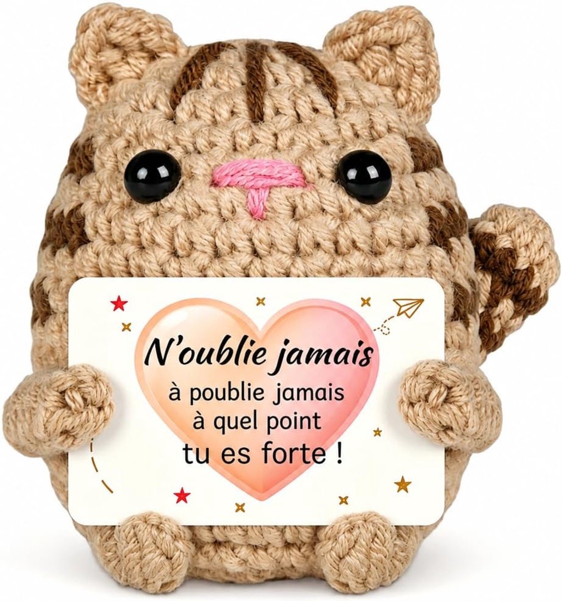 Voor dames, origineel cadeau voor dames, gehaakte kat met motiverende kaart, bericht en zwarte etui, decoratie voor thuis, cadeau-idee voor vriendin, collega, zus, moeder