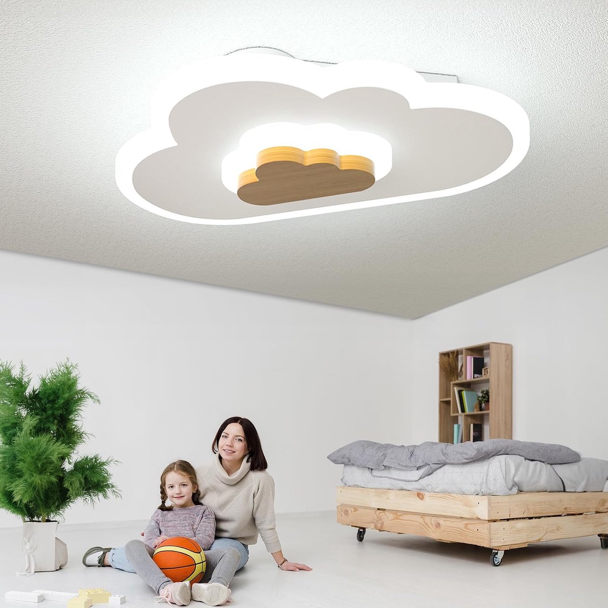 Plafondlamp LED Moderne kinderlamp woonkamer Kinderkamerlamp 43W Plafondlamp Wolkenplafondlamp Hout Traploos Dimmen met Afstandsbediening Met Nachtlichtfunctie Slaapkamerplafondlamp,70cm