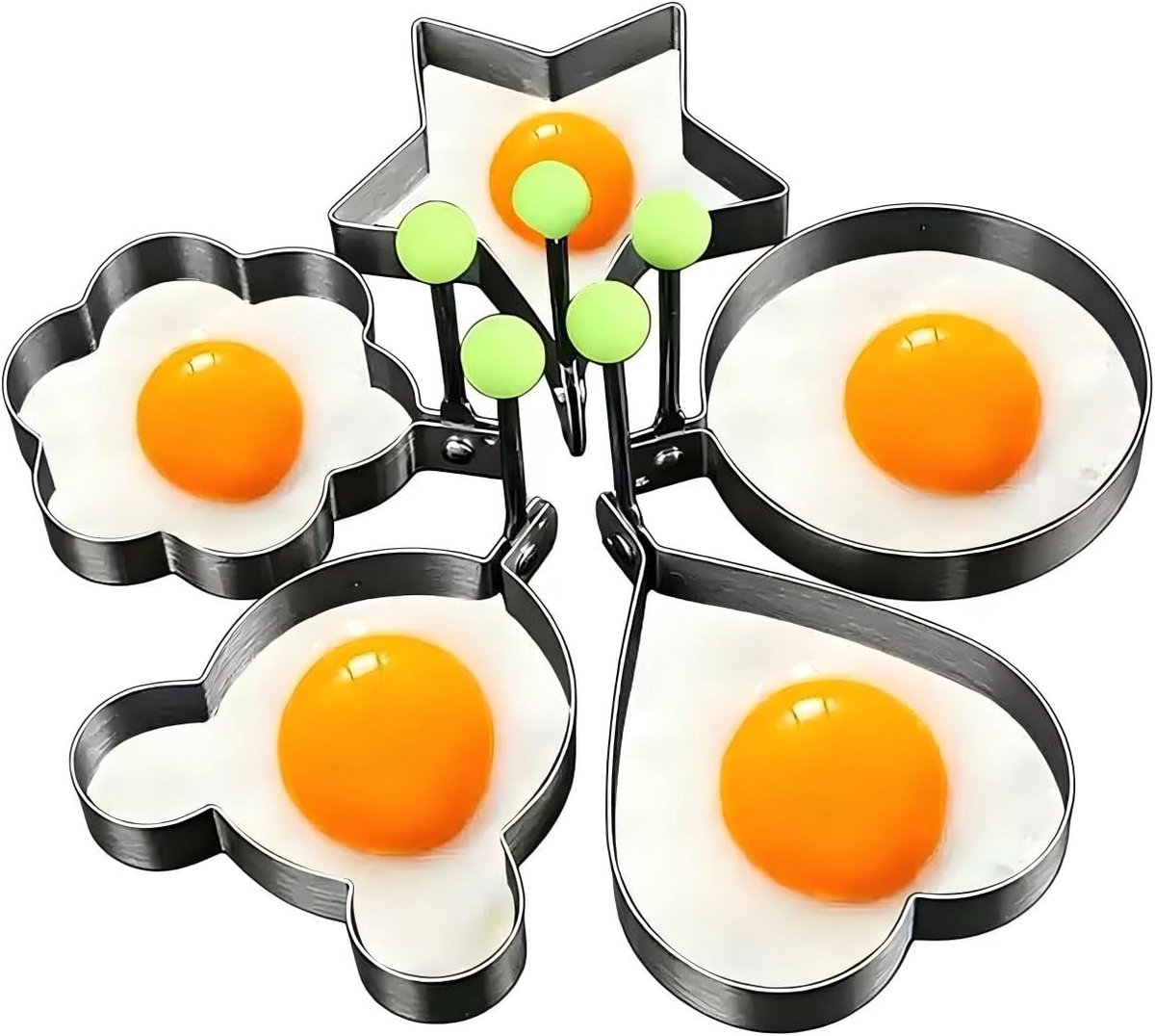 5 stuks spiegeleivorm, eierringen van roestvrij staal met anti-hitte handvat, spiegeleivormen voor de pan, eiervorm roestvrij staal, pannenkoekvorm, anti-aanbak, spiegeleivorm, voor braadpan