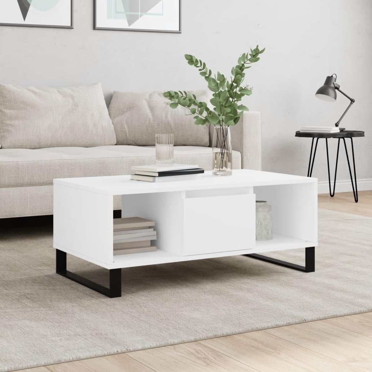 Hout met lade en vakken trendy salontafel wit