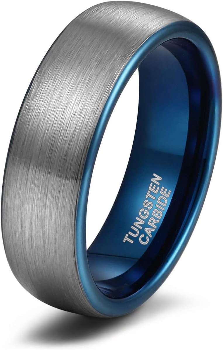 Trouwring, voor dames en heren, wolfraam, 6 mm, 8 mm, met penseel, zilverkleurig, met zwart en blauw