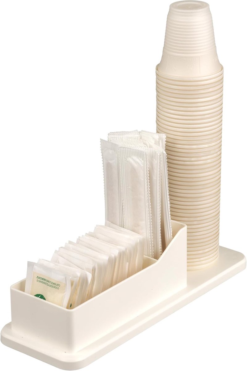 Home Koffieorganizer van duurzaam kunststof, bekerhouder, organizer voor glazen, bestek, suiker, lepels, rietjes, functioneel en gemakkelijk te reinigen, 24 x 9 x 7 cm, wit