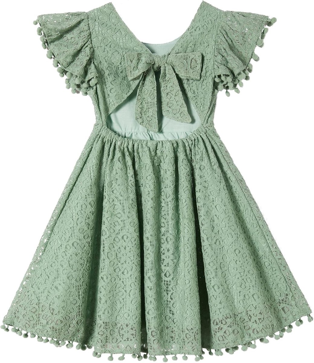 Feestjurk voor meisjes, binding naar achteren voor kleine kinderen, kant, rugvrije strik, pompons, fladdermouwen, prinsessenjurk