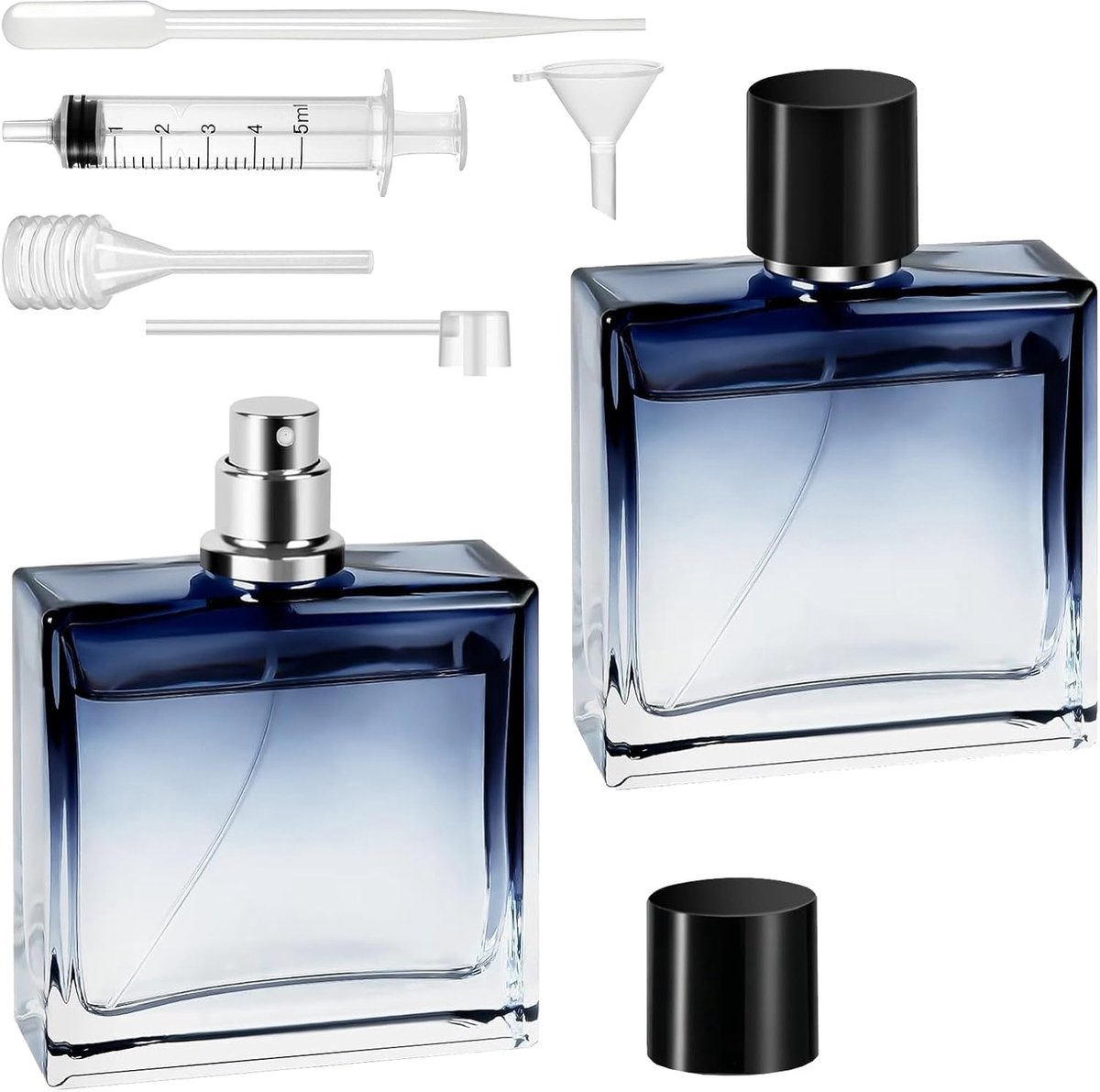 2 stuks navulbare parfumflessen 50 ml, lege spuitfles van vierkant blauw glas, draagbare reisverstuiver met trechter, druppelaar, scheider voor dames en heren