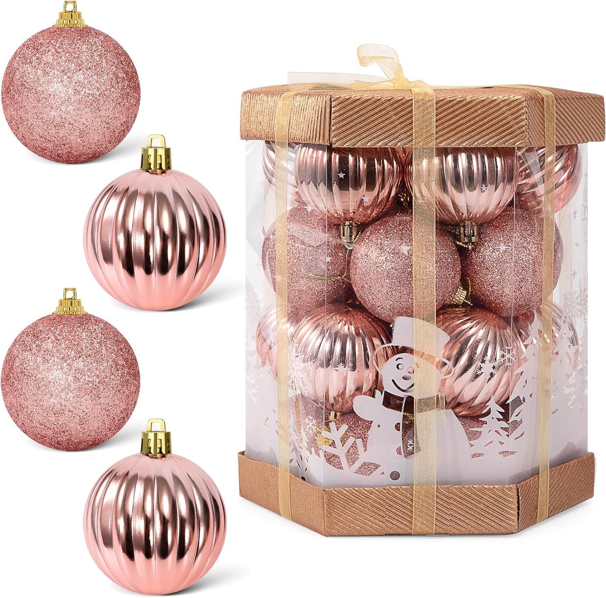 Kerstballen, 28 stuks, glitterballen van kunststof, kerstversiering voor de kerstboom, perfect cadeau voor het ophangen van kerstversiering, feestdagen, bruiloften (roze)