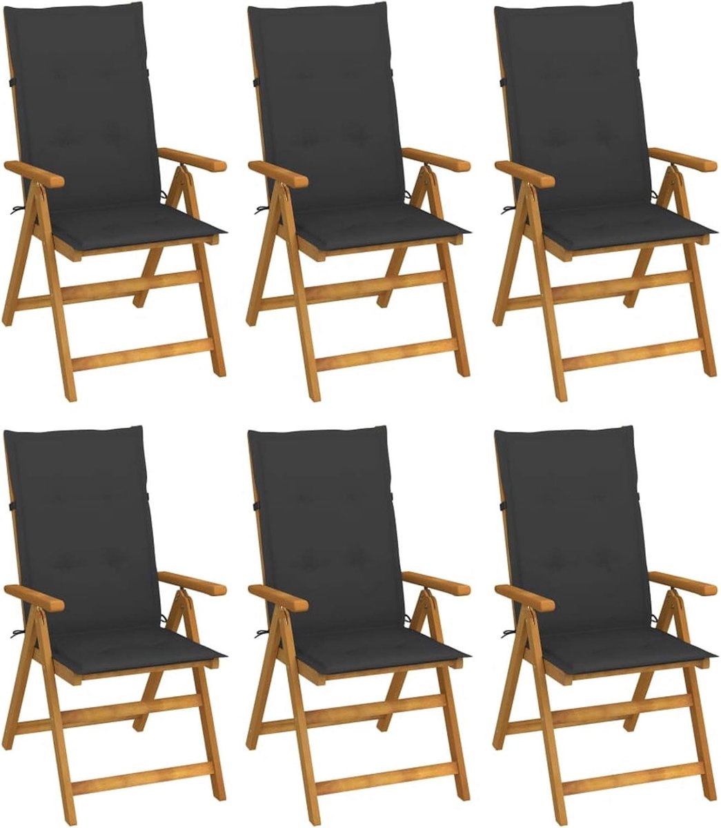 Inklapbare tuinstoelen, 6 stuks, met kussens, klapstoel, terrasstoel, tuinstoel, balkonstoel, tuinstoel, klapstoel, tuinmeubelen, zitmeubel, massief hout, acacia