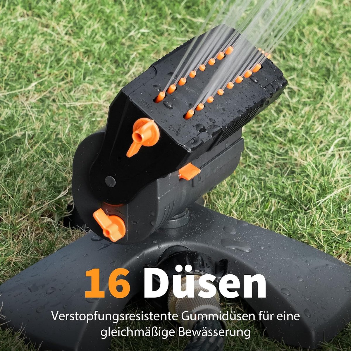 Mini Turbo oscillerende gazonsproeier, 16 sproeiers, tuinsproeier met snelaansluiting en grote basis, watersproeier instelbare breedte, bereik en debiet, grijs