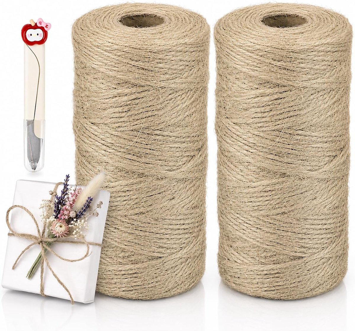 2 rollen jute touw 2 mm x 100 m, pakketkoord natuurlijke vezels met een