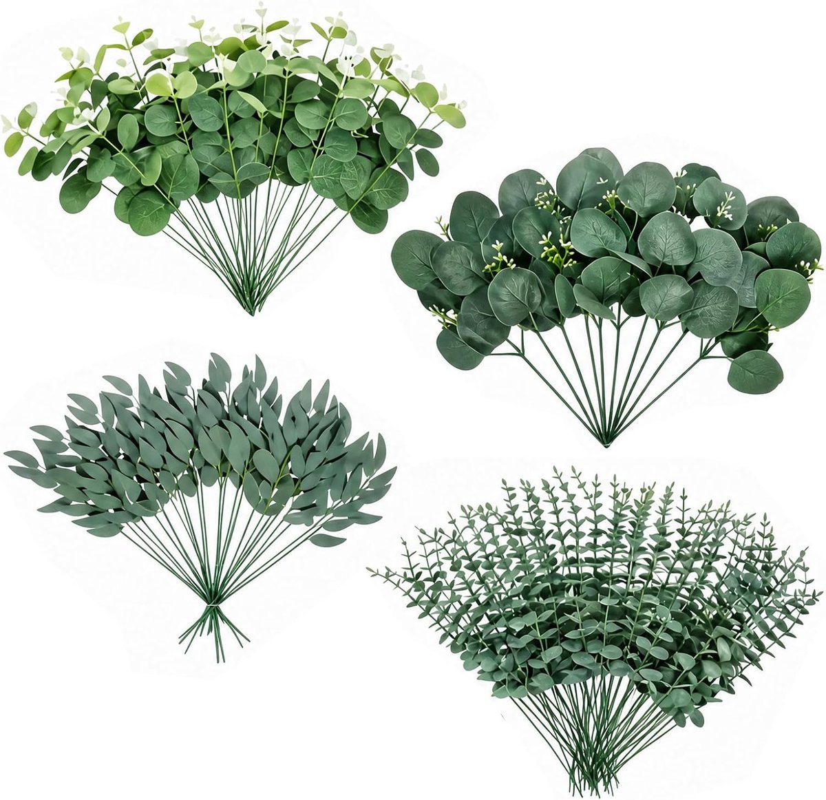 50 stuks kunstmatige eucalyptus, kunsttakken en bladeren, duurzame kleuren in 4 vormen, voor kantoor, bruiloft, tafelstuk, bloemstuk en woondecoratie