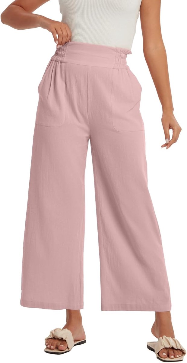 umes Zomerbroek van katoen voor dames met wijde snit en brede pijpen, Palazzo-broek voor dames met elasticiteit en zakken