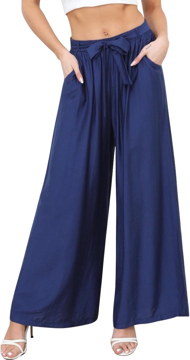 Vrouwen Broek Elastische Hoge Wasited Palazzo Broek met Zakken Dames Elegante Losse Lounge Zomer Casual