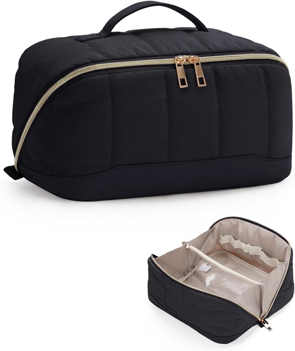 Make-uptas voor op reis, grote gewatteerde cosmetica-organizer met borstelvakken en handvat, wijd open toilettas voor vrouwen (patent aangevraagd), Zwart, 23 × 13 × 13 cm, Klassiek