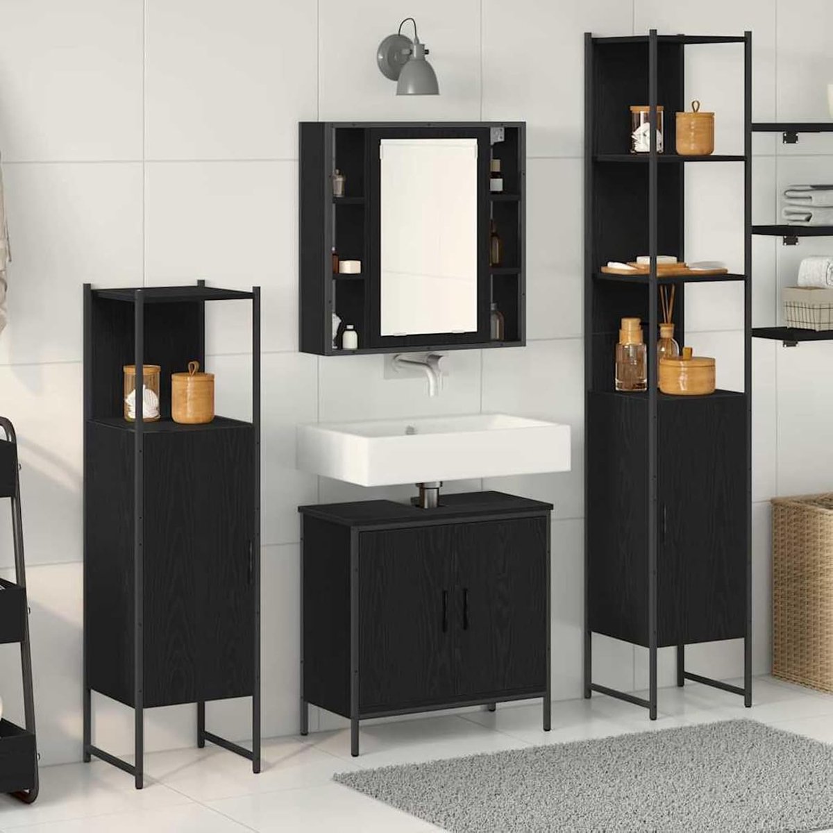 4-delige badkamermeubelset, zwart eikenhout, badkamermeubelset, badkamerkast, opbergkast voor make-up, wastafel, 3334429