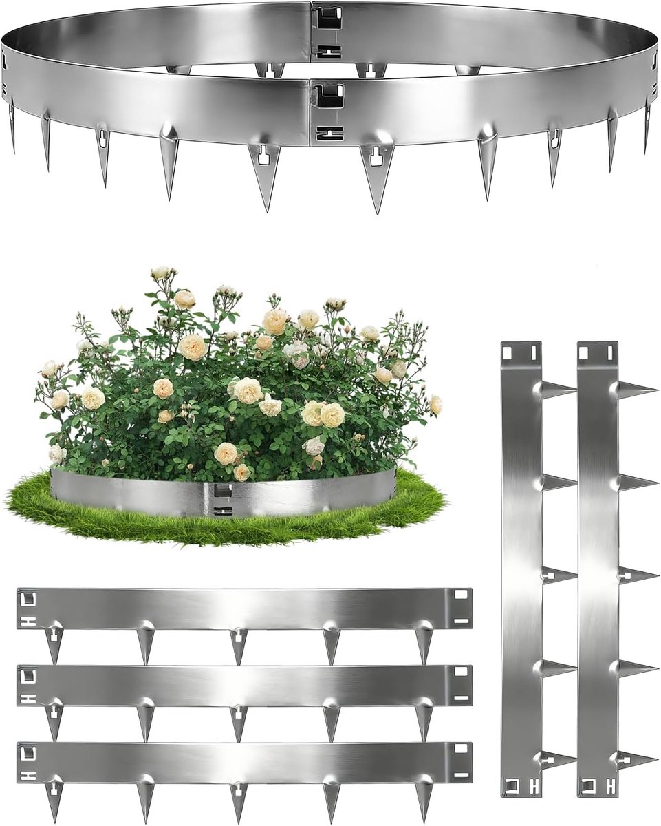 107,5 cm x 5 gazonrand, metaal, cortenstaal, flexibele bloembedomranding van staal, bloembegrenzing, lawn Edging, flexibele gazonranden voor perdrandomranding, tuinomranding, zilver, 20 cm