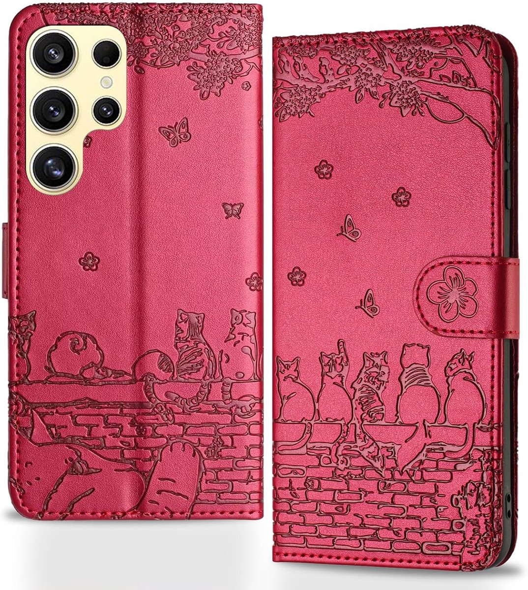 Telefoonhoesje voor Samsung Galaxy S24 Ultra, Fence Cats vouwbaar hoesje, geëmbosseerd PU-leer portemonnee-beschermhoesje, magnetisch klaphoesje met kaartsleuf, standfunctie, mauve/rood